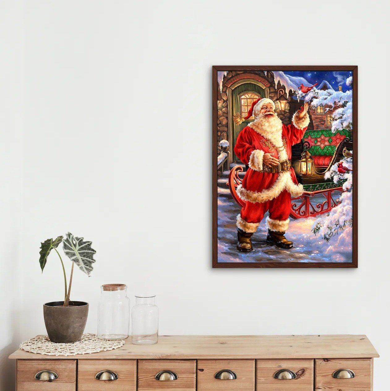 Engraçado Papai Noel com pássaro