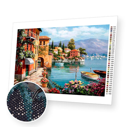 Houses by the River premium diamond painting kit for adults